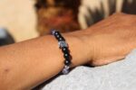 Silver Elephant Amethyst and Matte Black Onyx Beaded Bracelet