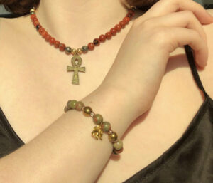 Set:Short Red River JAnkh Beaded Necklace & Unakite Elephant Beaded Bracelet Set