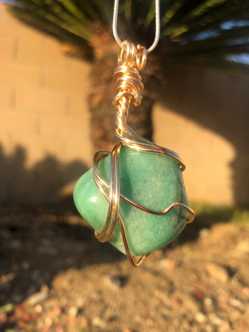 Green Aventurine Gold Colored Brass Wire Wrapped Necklace - Image 2