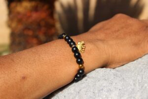 Gold Elephant Matte Black Onyx And Gold Stone Chip Beaded Bracelet