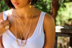 Hand of Fatima Sunstone Chips Layered Necklace