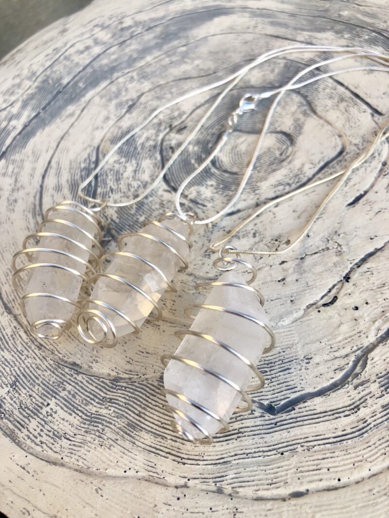 Clear Crystal Quartz Necklace in Silve Spiral Cage - Image 2