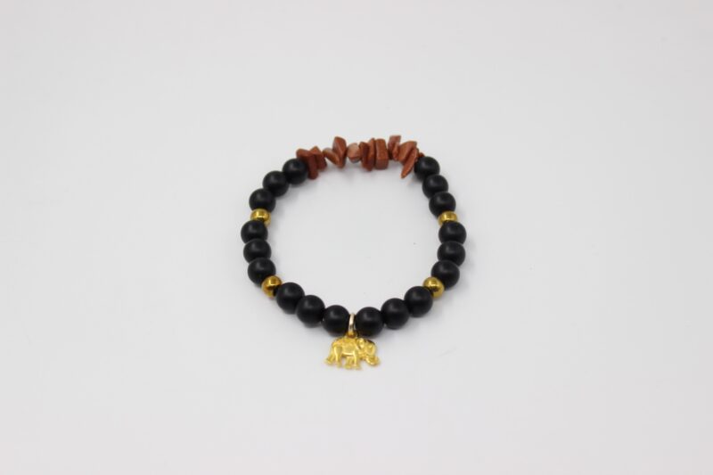 Gold Elephant Matte Black Onyx And Gold Stone Chip Beaded Bracelet - Image 3