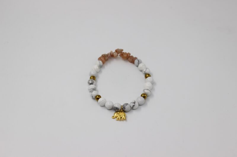 Gold Elephant Howlite and Sunstone Chip Beaded Bracelet - Image 2