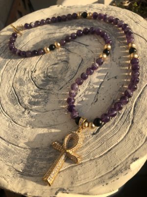 Gold Plated Ankh and Amethyst Beaded Necklace