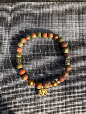 Unakite Elephant Charm Beaded Bracelet