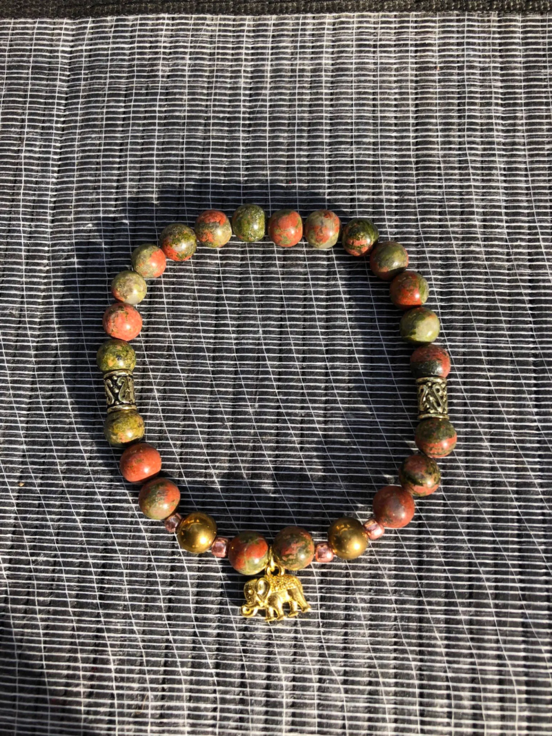 Unakite Elephant Charm Beaded Bracelet