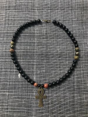 Matte Black Onyx Ankh Beaded Necklace