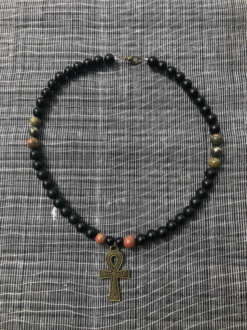 Matte Black Onyx Ankh Beaded Necklace