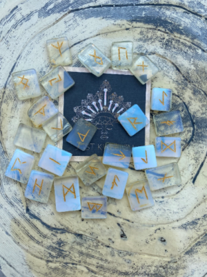 Set of 25 Opalite Runes with Burlap Storage Pouch